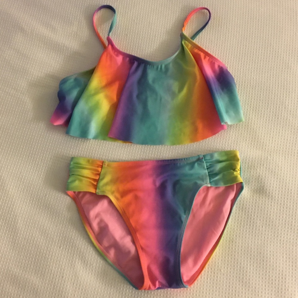 Girls Rainbow Ruffle Top Bikini Swimsuit Two Piece